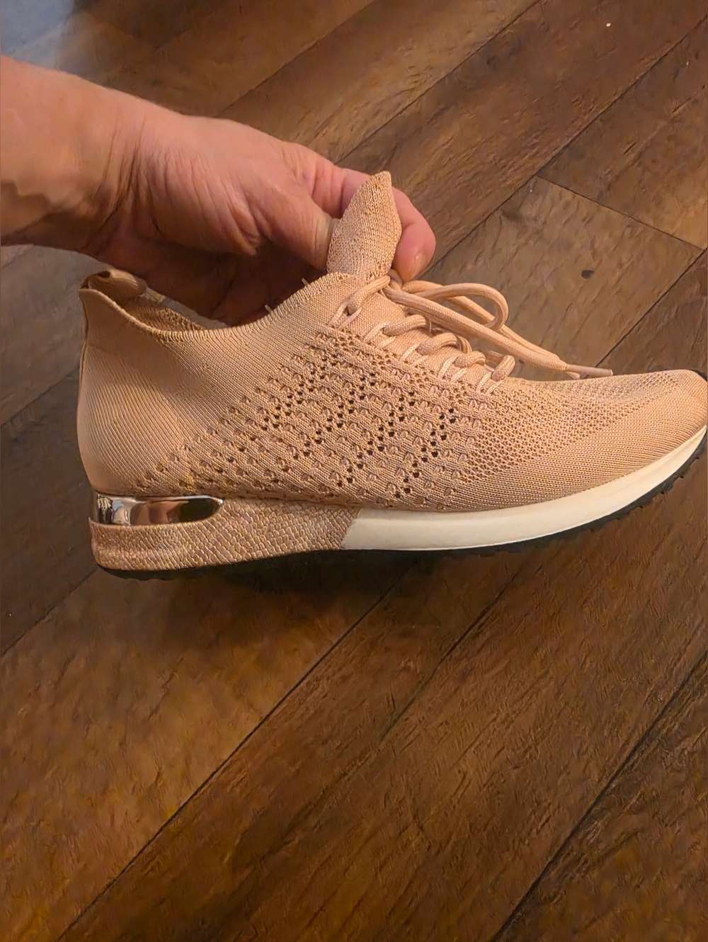 14th & Union Knit Lace-Up Sneaker in Blush Pink with Metallic Heel